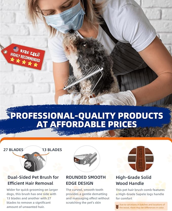 Extra Large 2-Sided Undercoat Rake for Dogs & Cats, Dog Brush for Shedding Remove Mats, Dematting Comb,Gentle Grooming Brush for German Shepherds Medium to Long-Haired Pets(Rare&Premium Walnut Handle)