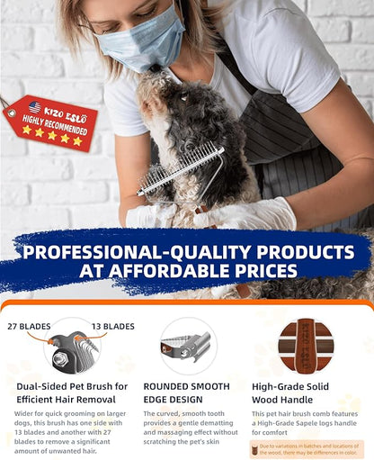 Extra Large 2-Sided Undercoat Rake for Dogs & Cats, Dog Brush for Shedding Remove Mats, Dematting Comb,Gentle Grooming Brush for German Shepherds Medium to Long-Haired Pets(Rare&Premium Walnut Handle)