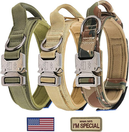 KCUCOP Tactical Dog Collar - Heavy Duty Dog Collar with Handle and Metal Buckle, Military Thick Dog Collars for Medium and Large Dogs(Upgrade Camo-M, 2 Patches)