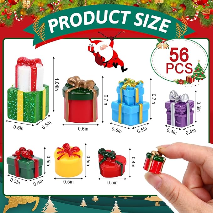 56 Pcs Christmas Mini Resin Present Miniature Boxes Tiny Gift Box Figurines Mini Christmas Ornaments for Xmas DIY Craft Tree Village Dollhouse Decor