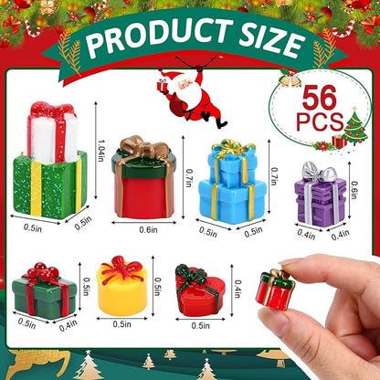 56 Pcs Christmas Mini Resin Present Miniature Boxes Tiny Gift Box Figurines Mini Christmas Ornaments for Xmas DIY Craft Tree Village Dollhouse Decor
