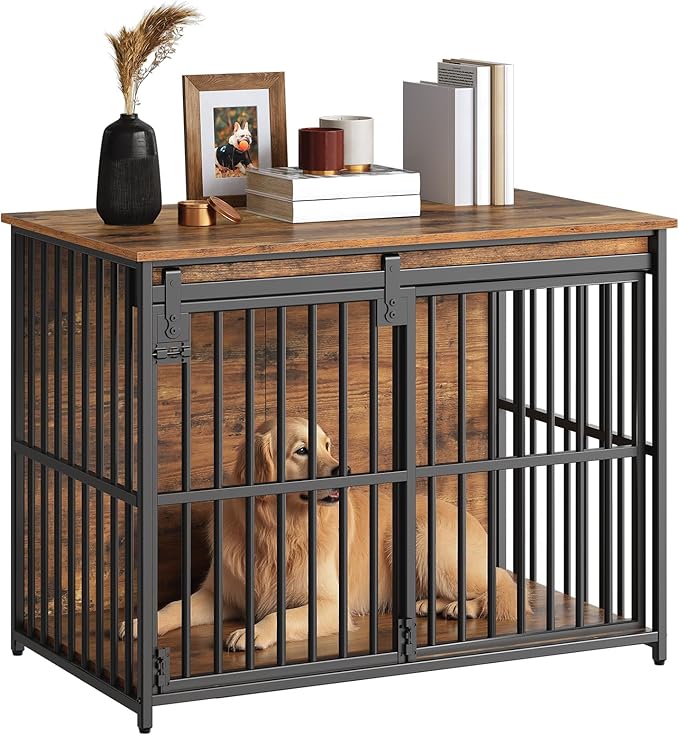 HOOBRO Dog Crate Furniture, 36.6'' Heavy Duty Dog Kennel with Sliding Barn Door, Decorative Dog Crate Indoor, End Side Table for Small/Medium Dog, Rustic Brown and Black BF162GW03G1