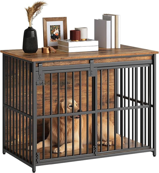 HOOBRO Dog Crate Furniture, 36.6'' Heavy Duty Dog Kennel with Sliding Barn Door, Decorative Dog Crate Indoor, End Side Table for Small/Medium Dog, Rustic Brown and Black BF162GW03G1