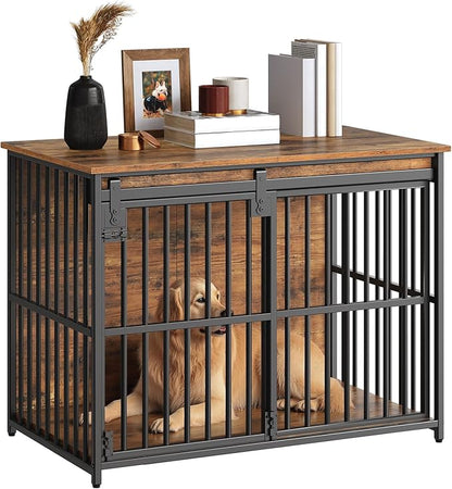 HOOBRO Dog Crate Furniture, 36.6" Heavy Duty Dog Kennel with Sliding Barn Door, Wooden Dog Cage Indoor, Decorative Side End Table for Small/Medium Dogs, Rustic Brown and Black FG162GW03G1