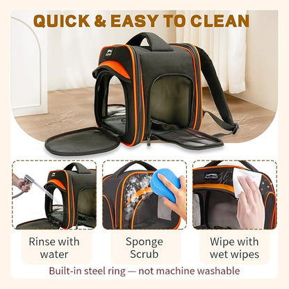 Cat Carrier Backpack, Breathable Collapsible Pet Bag with Safety Leash for Guinea, Kitten, Rabbit Weighing up to 8 Pounds Designed for Travel, Hiking, Walking and Outdoor Use, Black-Orange