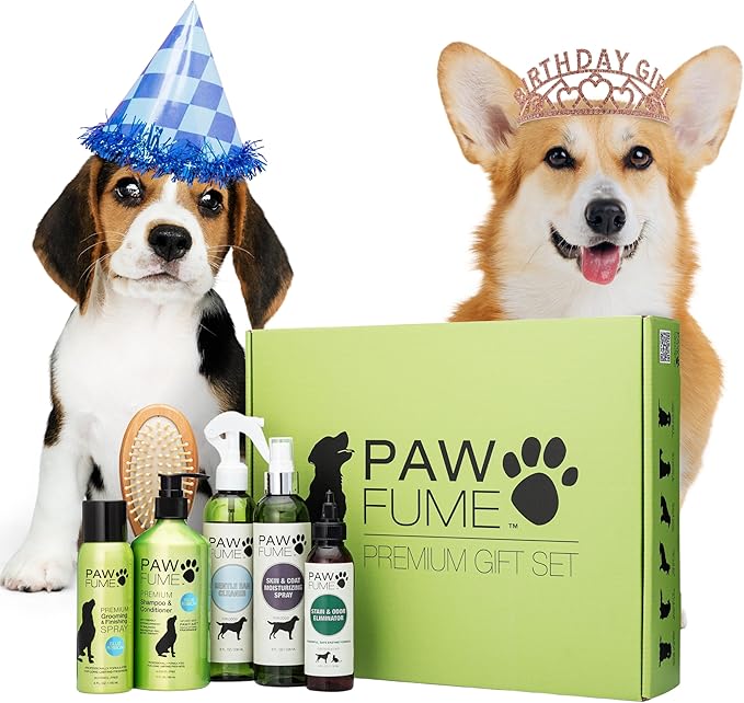 Pawfume Dog Gift Basket, 6-Piece Box  Give Your Pup a Spa-Quality Coat & Odor-Free Freshness  Probiotic Deodorizer Spray, Hypoallergenic Grooming Mist & Premium Brush  Dog Gift Boxes for All Breeds