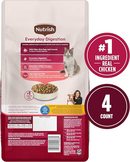 Nutrish Everyday Digestion Dry Cat Food, Chicken Brown Rice and Salmon Recipe with Peas and Carrots, 3 lb. Bag, 4 Count, (Rachael Ray)