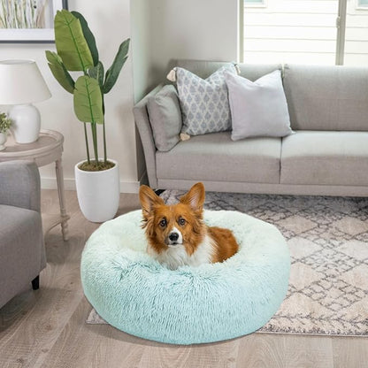 Best Friends by Sheri Original Calming Donut Dog and Cat Bed, Shag Faux Fur, Baby Blue, (30in x 30in) - Anxiety Relief for Pets Up to 45 lbs