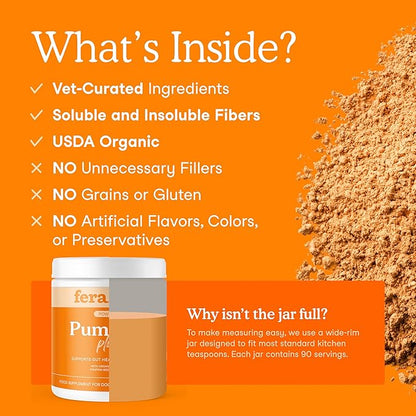 Fera Pets Cat & Dog Pumpkin Plus - Fiber Supplement - USDA Organic - Supports Gut & Digestive Health - Promotes Regularity - 7 Sources of Fiber - 90 Scoops