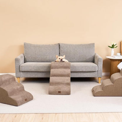 EHEYCIGA Curved Dog Stairs Ramp for High Beds 19.7" H, 4-Step Dog Steps for Small Dogs and Cats, Pet Stairs for High Bed Climbing, Non-Slip Balanced Pet Step Indoor, Camel