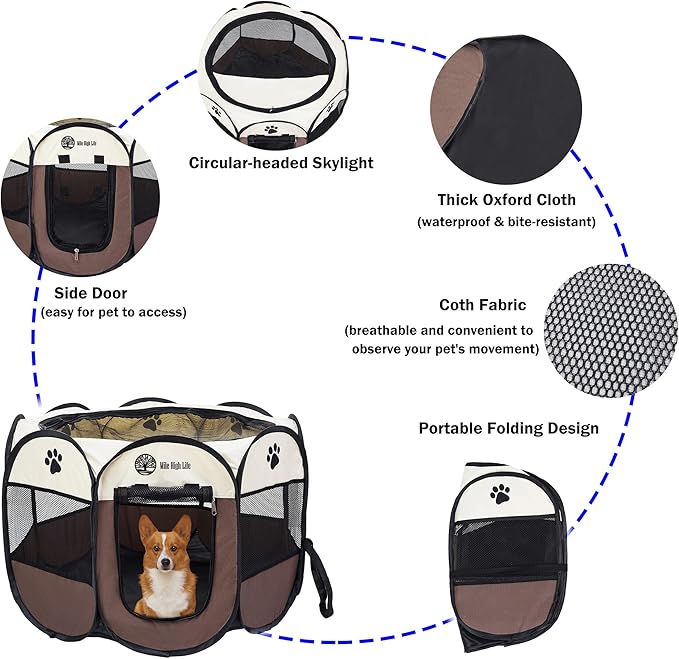 Mile High Life | Foldable Dog Playpen | Portable Dog Crate w Removable Shade Cover | Dog Kennel Indoor/Outdoor w Carry Case | Pen Tent for Dog/Cat/Rabbit(Brown, Medium (36"x36"x23"))