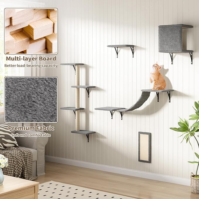 Cat Wall Shelves, Wall Mounted Cat Furniture, Cat Wall Cimber with Perches, Scratchers and Condo, Set of 5 (Grey)