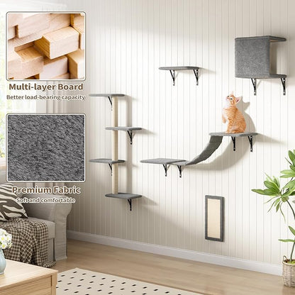 Cat Wall Shelves, Wall Mounted Cat Furniture, Cat Wall Cimber with Perches, Scratchers and Condo, Set of 5 (Grey)