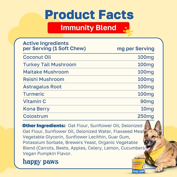 Happy Paws Turmeric Supplement for Dogs, Daily Wellness & Immunity Support for All Breeds & Ages, Made with Turmeric, Colostrum & Turkey Tail Mushrooms, Pumpkin Flavor, Non GMO, 100 Soft Chews