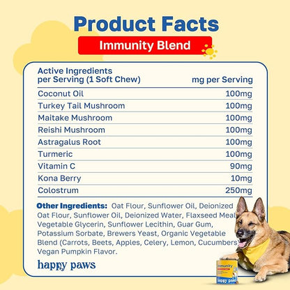 Happy Paws Turmeric Supplement for Dogs, Daily Wellness & Immunity Support for All Breeds & Ages, Made with Turmeric, Colostrum & Turkey Tail Mushrooms, Pumpkin Flavor, Non GMO, 100 Soft Chews