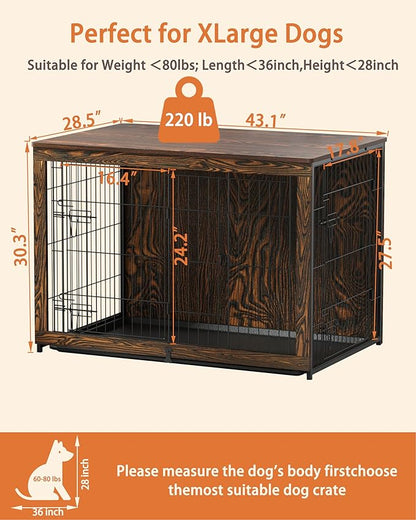 Megidok Wooden Dog Crate Furniture with Cushion, Dog Crate End Table with Tray, Double Doors Dog Crate(*L:43.1" L*28.6" W*30.3" H, Rustic Style)