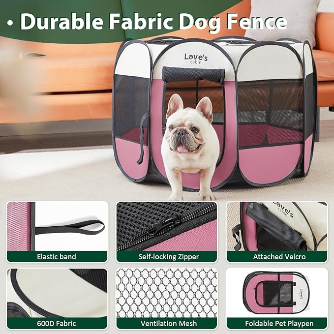 Love's cabin Pet Puppy Dog Playpen, Medium Dog Tent Crates Cage Indoor/Outdoor, Portable Playpen for Cat, Foldable Pop Up Dog Kennel Playpen with Carring Case, Removable Zipper Top, Pink
