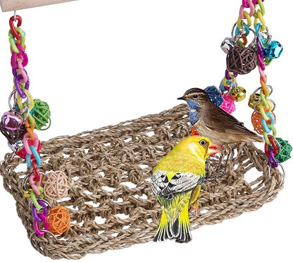 Bird Swing Toys with Wood Perch, Seagrass Woven Parrot Platform Bird Climbing Hanging Hammock Bird Perch Stand Chewing Toy for Parakeets,Budgie, Conure, Cockatiel,Lovebird