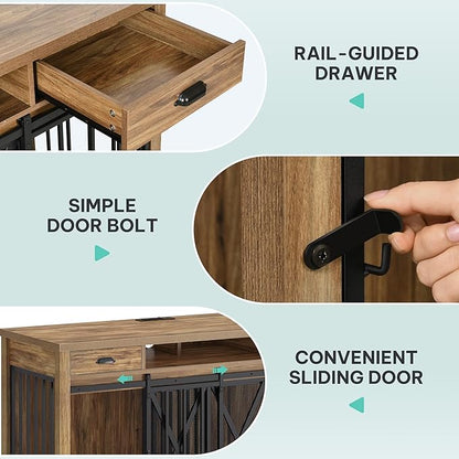 YITAHOME 63 Inch Double Dog Crate TV Stand with Charging Station, Heavy Duty Wooden Dog Crate Furniture for 2 Dogs, Dog Kennel Indoor Furniture Double Sliding Barn Door Design Ideal for 2 Dogs, Oak