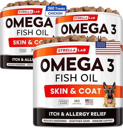 (Pack of 3) Fish Oil Omega 3 Treats for Dogs - Allergy Relief - Joint Health - Itch Relief, Shedding - Skin and Coat Supplement - Alaskan Salmon Oil Chews - Omega 3 6 9 - EPA & DHA Fatty Acids
