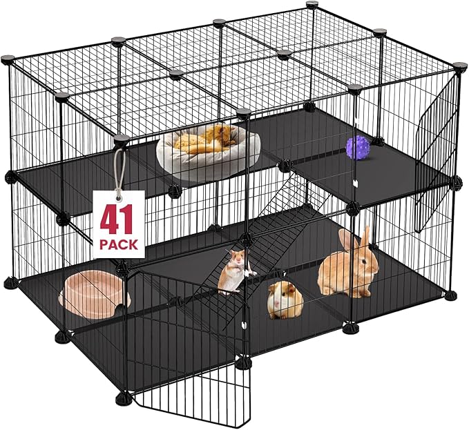 41 Panels Pet Playpen, Small Animal Playpen with 2 Doors, C&C Cage for Guinea Pigs, Rabbit, Bunny, Chicken, Hedgehogs, Puppy Play Pen Indoor Outdoor, Two-Story Metal Chicken Play Pen