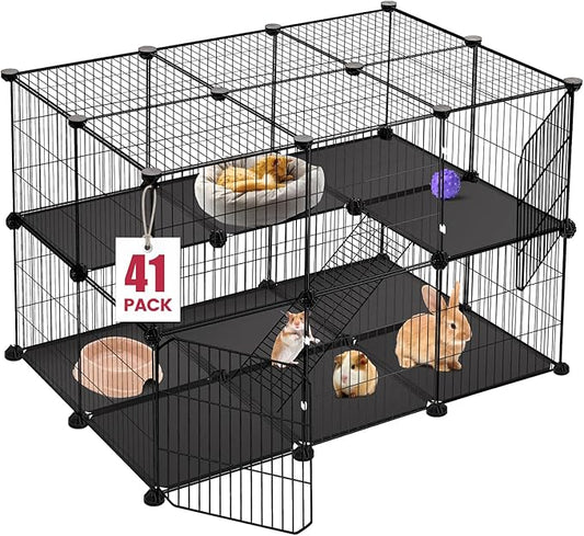 41 Panels Pet Playpen, Small Animal Playpen with 2 Doors, C&C Cage for Guinea Pigs, Rabbit, Bunny, Chicken, Hedgehogs, Puppy Play Pen Indoor Outdoor, Two-Story Metal Chicken Play Pen