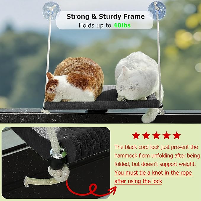 Cat Window Perch for Large Cats,Foldable Hammock with 4 Heavy Duty Suction Cups,Solid Metal Frame,Scratchable Felt Feline Bed for Sunbathing,Napping & Overlooking(Grey)