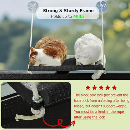 Cat Window Perch for Large Cats,Foldable Hammock with 4 Heavy Duty Suction Cups,Solid Metal Frame,Scratchable Felt Feline Bed for Sunbathing,Napping & Overlooking(Grey)