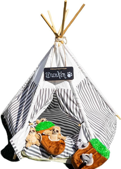 Dog Teepee Cozy Retreat, Portable Pet Tent for Small Dogs with Soft Cushion, Easy to Clean Canvas Pet House, 27.5 x 23.6 inches, Foldable Grey and White Striped