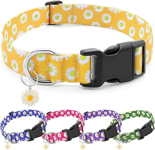 BiPawTi Floral Dog Collars for Medium Dog - Soft Cute Dog Collars for Girls Dog Pretty Flower Collar with Daisies Charms, Gift for Female Male Boys Girls Dogs (M, Yellow)