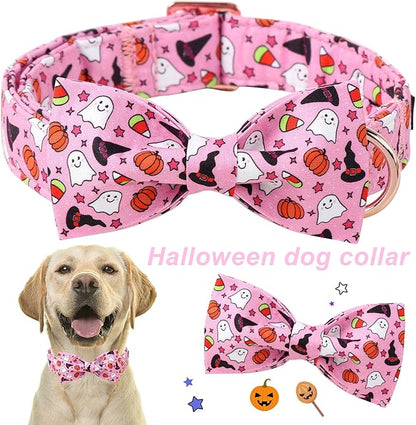 ARING PET Halloween Dog Collar-Cotton Pink Pumpkin Dog Collar with Bow, Adjustable Halloween Themed Bowtie Dog Collars Pet Necklace with Metal Buckle for Girl&Boy Dogs