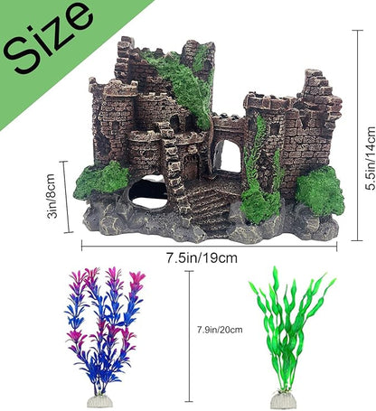 Aquarium Resin Castle Decoration,Ancient Design Fish Tank Ornaments Betta Hideout Stone Cave Accessories for Shrimp Turtle Guppy Crabs (3Pcs)