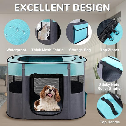 Pet Dog Cat Playpen Tent,Foldable Cat Cage Kennel,Portable Collapsible Puppy Crate for Indoor Outdoor Travel Camping Use with Washable Pad,Water-Resistant Breathable Shade Cover Green M