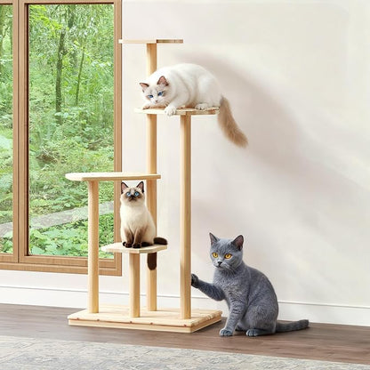 Outdoor Cat Tree - Durable 4-Tier Natural Wood for Multiple Cats, All-Weather for Patio, Garden, Balcony - Ideal for Scratching, Climbing, and Lounging