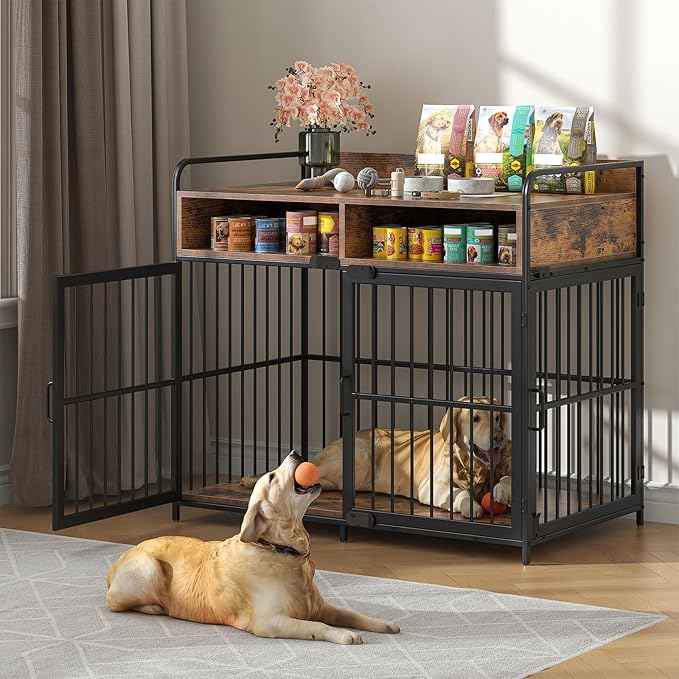 Semoic Large Dog Crate Furniture with Drawers Storage, Puppy Dog Kennel Indoor with Double Doors, Heavy Duty Wooden Dog Cage Table, Sturdy Metal, Rustic Brown