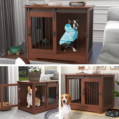 TAOHFE Solid Wood Dog Crate Furniture, Dog Kennel Indoor for Small Dogs with 2 Types Doors, Solid Wood Small Dog Crates Farmhouse Style, Dog Kennel Furniture for Dogs to Play & Rest