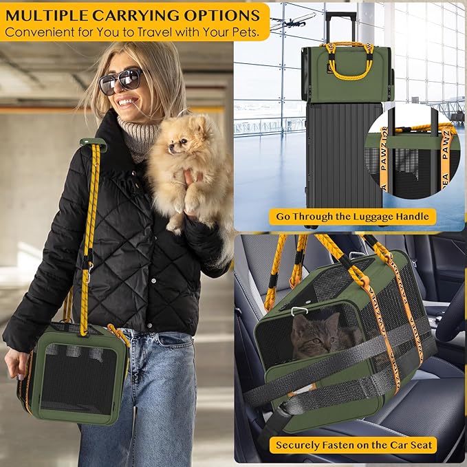 PAWZIDEA Expandable Pet Carrier with Wheels, 18X11X11 TSA Airline Approved Cat Carrier w/ID Card for 2 Cats, Small Dog Carrier Car Seat Travel Bag, Shoulder Strap as Dog Leash