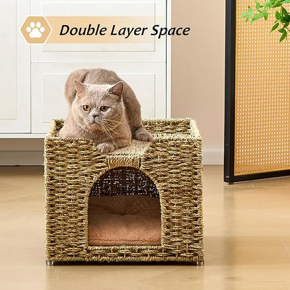 Cat Houses for Indoor Cats, Handwoven Natural Seagrass Cat Cave Pet Cube,Foldable Pet Cat House, Cat Beds with Double-Sided Mat, Hideaway, in Living Room Bedroom
