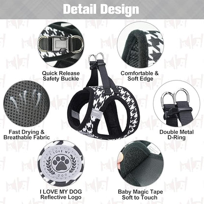 BEAUTYZOO Small Dog Harness and Leash Set,Step in No Chock No Pull Soft Mesh Dog Harnesses Reflective for Extra-Small/Small Medium Puppy Dogs and Cats, Plaid Dog Vest Harness for XS S Pets, Black S