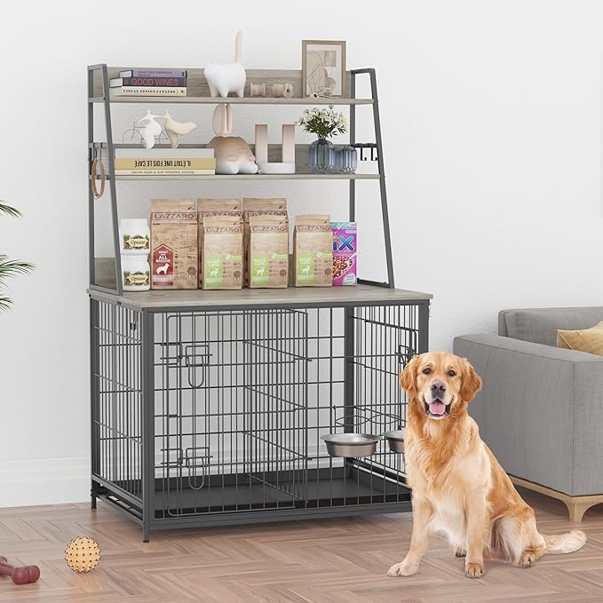 Dog Crate Furniture, 57 Inch Dog Kennel Furniture with Storage Shelves and Removable Tray, Indoor Dog House with 2 Doors and 2 Adjustable Bowls, Gray
