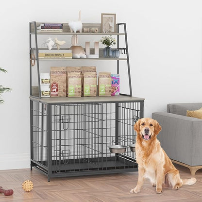 Dog Crate Furniture, 57 Inch Dog Kennel Furniture with Storage Shelves and Removable Tray, Indoor Dog House with 2 Doors and 2 Adjustable Bowls, Gray