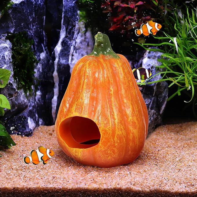 POPETPOP Resin Pumpkin Aquarium Décor Ornaments, Fish Tank Safe Decorations, Small Turtles Hiding Hole Cave, Table Decor Reptile Box Shelter Habitat -Thin Pumpkin