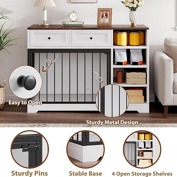 IDEALHOUSE 47” Large Dog Crate, Dog Kennel Indoor with 2 Drawers and 4 Shelves, Dog Crate Furniture TV Stand, Wooden Dog Cage for Medium Large Dogs, White