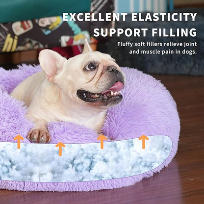 Purple Dog Bed Medium Size Dog 23 Inch Anti-Anxiety Donut Dog Cuddler Bed, Warming Cozy Soft Dog Round Bed, Fluffy Faux Fur Plush Dog Cat Cushion Bed for Small Medium Dogs and Cats