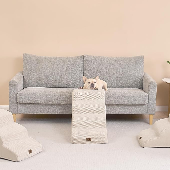 EHEYCIGA Curved Dog Stairs Ramp for High Beds 19.7" H, 4-Step Dog Steps for Small Dogs and Cats, Pet Stairs for High Bed Climbing, Non-Slip Balanced Pet Step Indoor, Beige