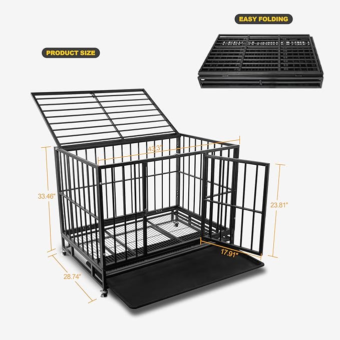 42 inch Heavy Duty Dog Crate with Lockable Wheels, Escape Proof Dog Crate cage Kennel for Large Dogs, High Anxiety Indestructible Dog cage, Double Door and Removable Tray