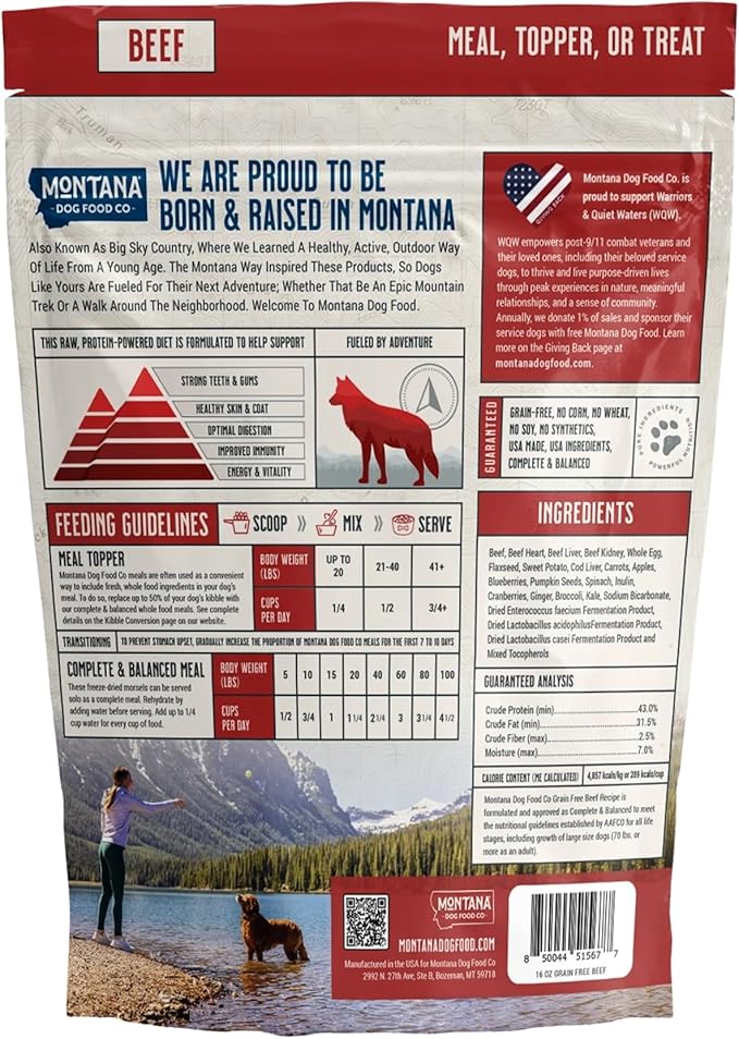 MONTANA DOG FOOD CO. Freeze-Dried Raw Beef Recipe Dog Food – Grain-Free, High-Protein Meal or Topper, Made in USA with USA Ingredients -6.4 oz Bag