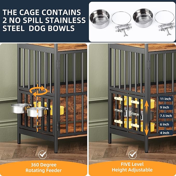 Large Dog Crate Furniture, with 360° Adjustable Elevated Feeder, Heavy Dog Furniture, Indoor Decorative Dog Kennel, Sturdy Metal Construction, 38" W_21" D_36" H, Rustic Brown Finish