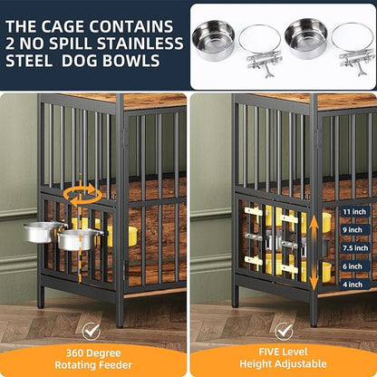 Large Dog Crate Furniture, with 360° Adjustable Elevated Feeder, Heavy Dog Furniture, Indoor Decorative Dog Kennel, Sturdy Metal Construction, 38" W_21" D_36" H, Rustic Brown Finish