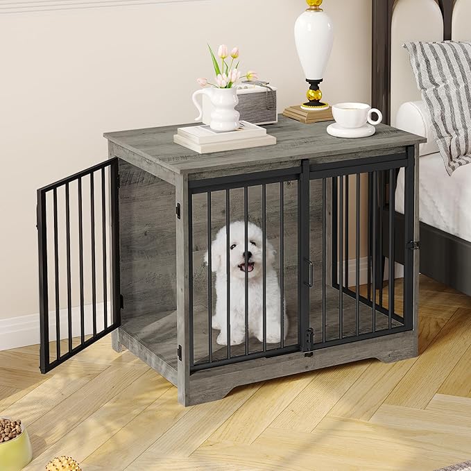 Dog Crate Furniture, 32" Double Door Dog Crate with Barn Door, Dog Kennel Indoor, End Side Table Wooden Dog Crates for Small Medium Large Dogs, Anti-Chew Anti-Escape, Greige DFC83605B